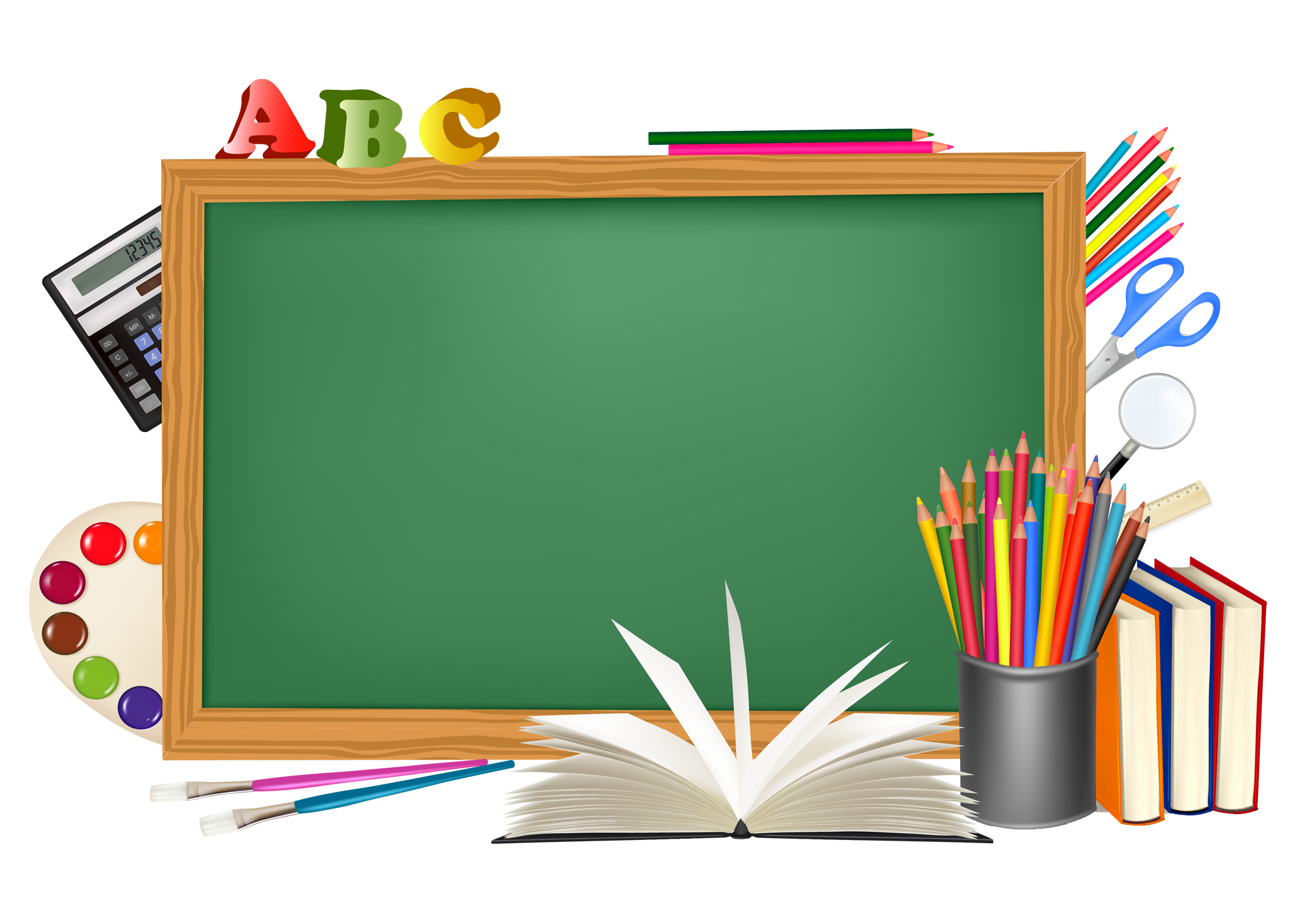 books, pencils, school green ppt template, chalkboard background