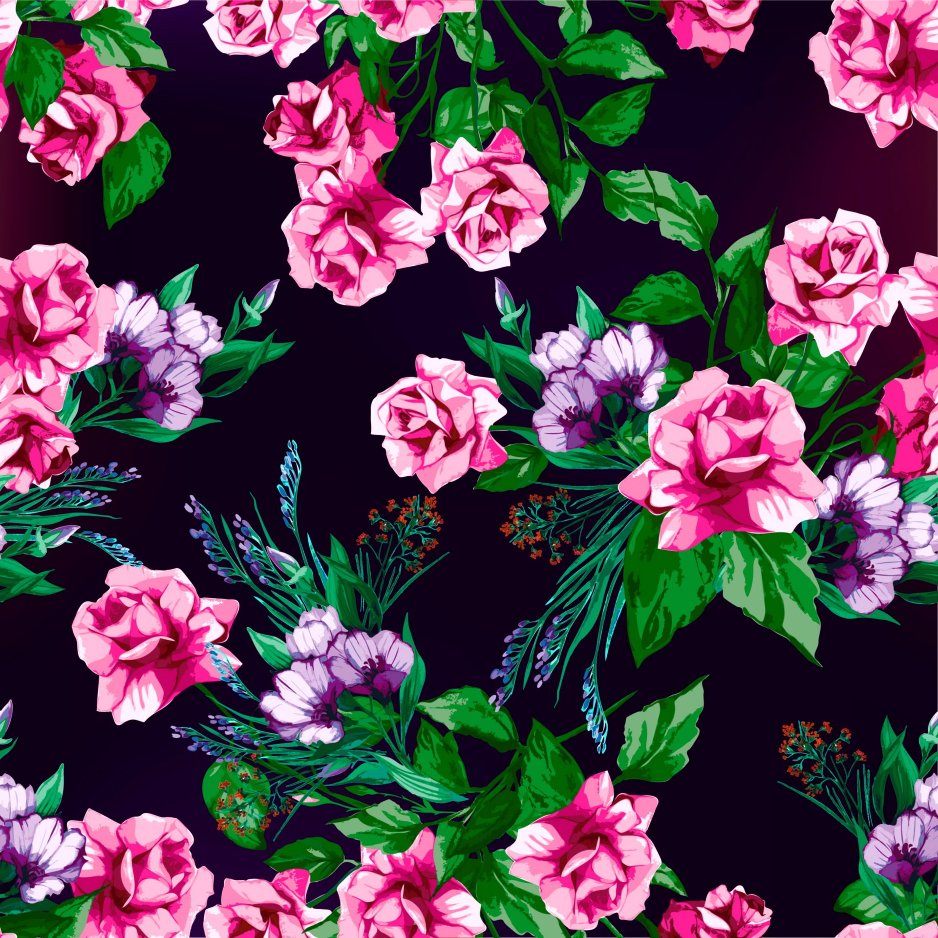 black background rose floral pattern wallpaper